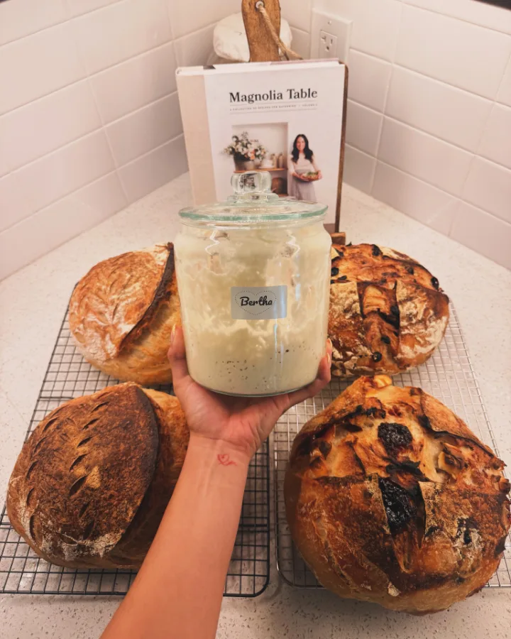 Four sourdough loaves cooling on a rack around the Bertha jar.