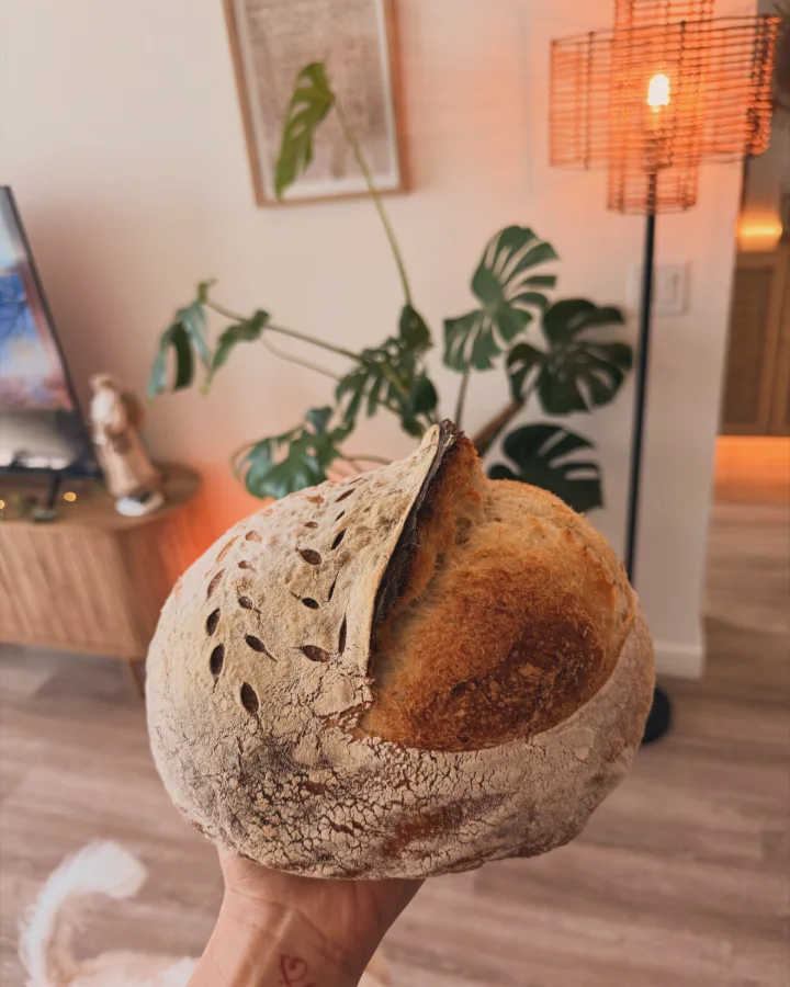 A freshly baked sourdough loaf, scored and dusted with flour, held up in the kitchen.